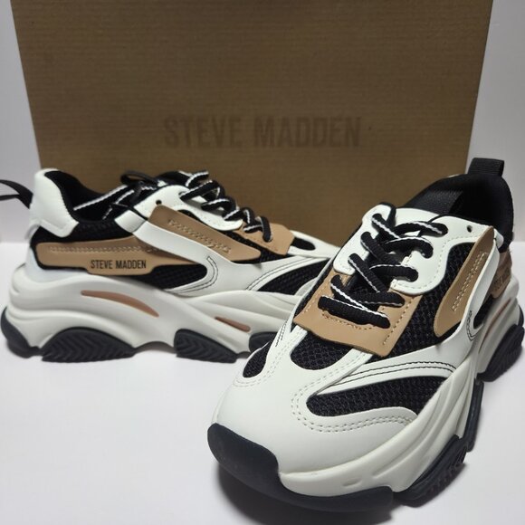 Steve Madden Possession Platform Fashion Lace Up Sneaker Choose Sz 6 Black Tan - Picture 2 of 9